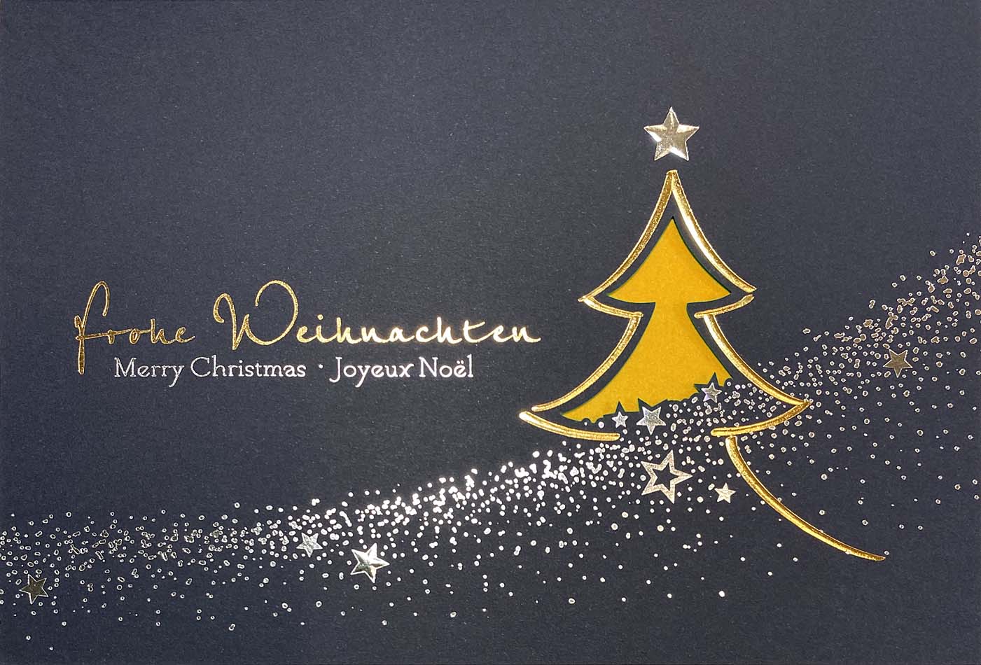 Blaue Weihnachtskarte mit internationalen Weihnachtsgrüßen und orangenem Einlegeblatt