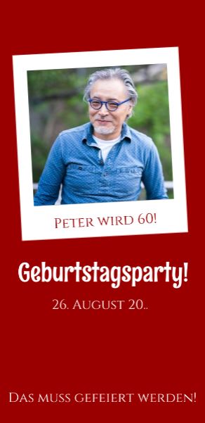 Foto-Einladungskarte im modernen Design zum 60. Geburtstag in rot als beidseitig bedruckbare Einzelkarte 