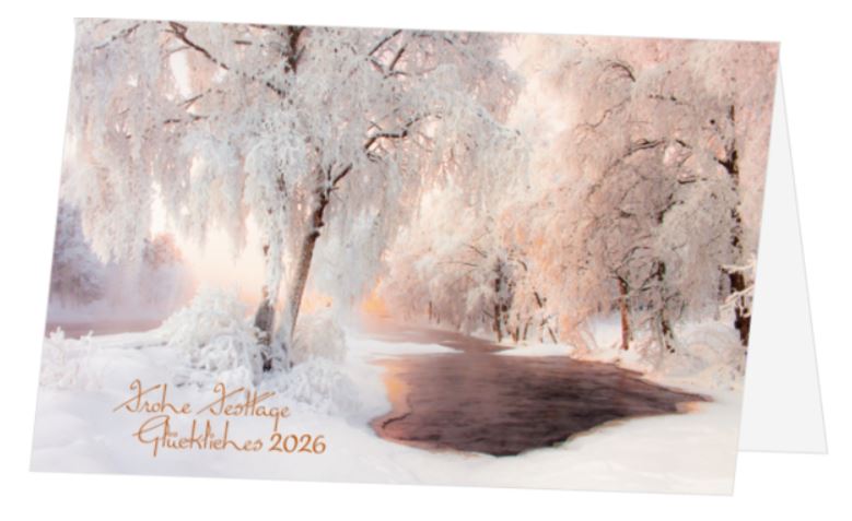 Winterliche Spendenweihnachtskarte "Traum in Weiß" mit zauberhafter Naturlandschaft zugunsten Berggorilla & Regenwald Direkthilfe