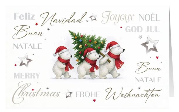 Herzerwärmende Weihnachtskarte "Drolliger Tannenexpress" mit putzigen Eisbären und internationalen Grüßen