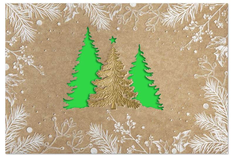 Weihnachtskarte mit Goldfolienprägung, Stanzung und floralem Druck, Einleger hellgrün