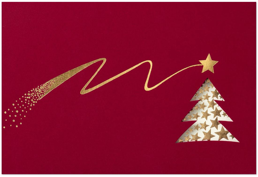 Dunkelrote Weihnachtskarte mit Stanzung eine Weihnachtsbaumes und edler Goldfolienprägung, ohne Weihnachtsgruß 