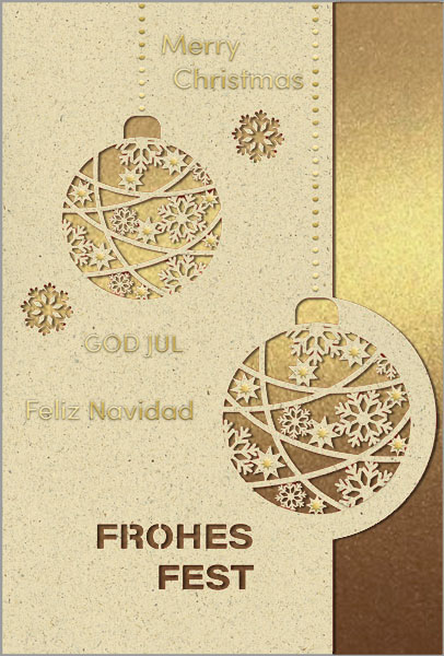 Mehrsprachige Weihnachtskarte aus Naturkarton mit hängenden Kugeln und goldener Prägung, Einleger gold
