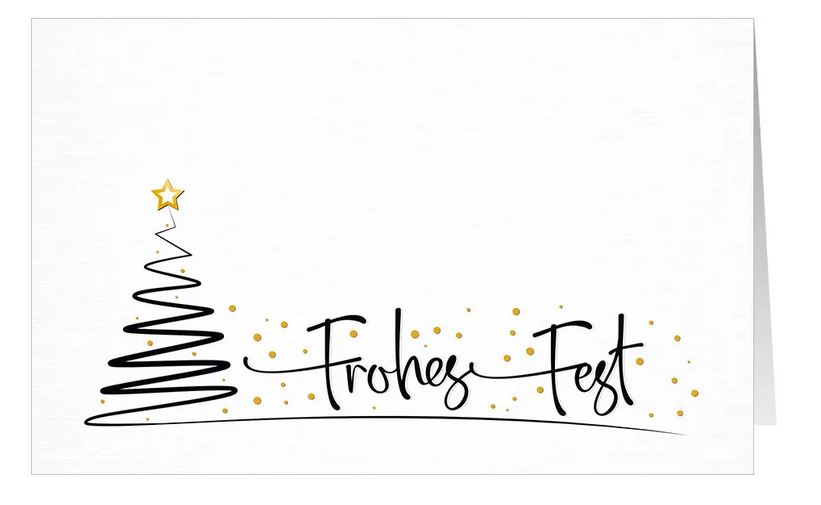 Weiße Weihnachtskarte "Funkelnde Akzente" mit Weihnachtsgruß, Stern und abstraktem Weihnachtsbaum