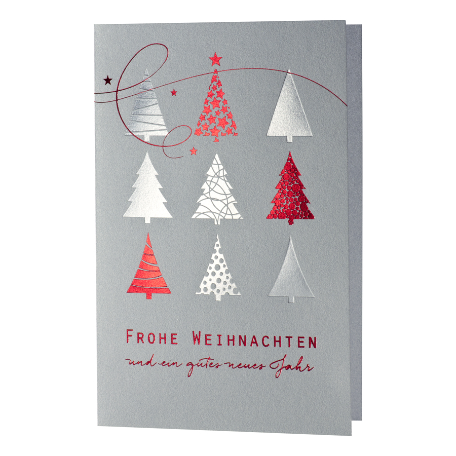 Weihnachtskarte silbergrau mit Weihnachtsbäumen silber und rot