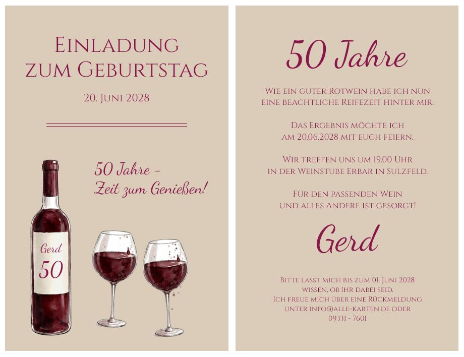 Einladungskarte zum 50. Geburtstag "Zeit zum Genießen!" mit Rotweinflasche und Weingläsern