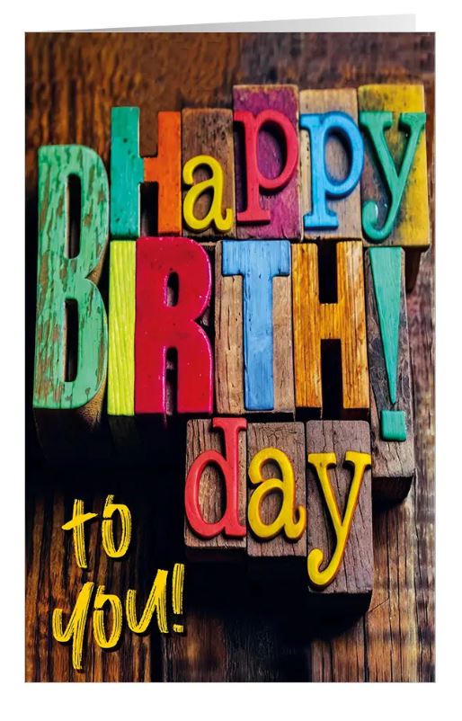 Knallig bunte Geburtstags-Glückwunschkarte "Happy Birthday to you!" mit Holzbuchstaben auf rustikalem Hintergrund