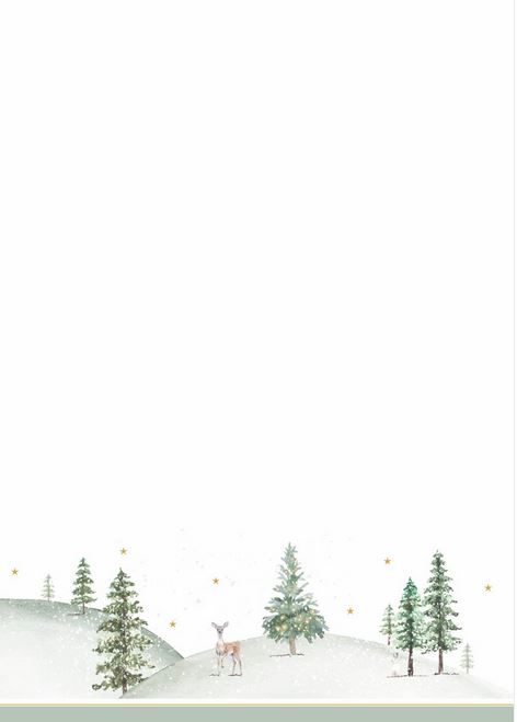 Weihnachtliches Briefpapier mit einzelnem Reh zwischen grünen Tannenbäumen, DIN A4