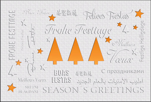 Weihnachtskarte mit Sternen und Weihnachtsbäumen und orangefarbenem Einleger
