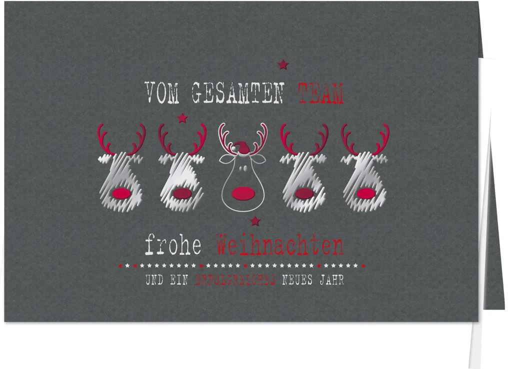 Originelle Firmenweihnachtskarte "Rotnasige Mannschaft" mit Teamgruß und Rentieren im Foliendruck, inkl. Einlegeblatt