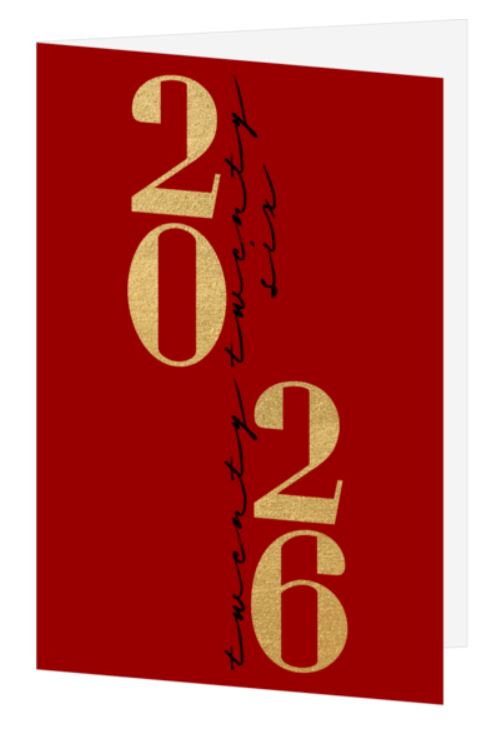 Stilvolle Spenden-Neujahrskarte für MISEREOR in rot "Twenty Twenty Six" mit Jahreszahl 2026