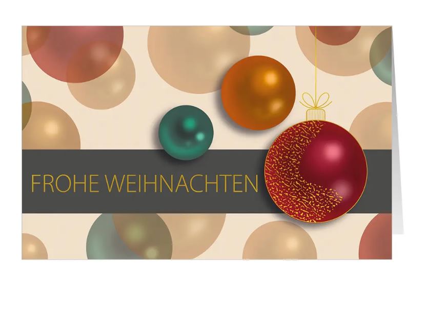 Moderne Weihnachtskarte "Kugel-Eleganz" im Retro-Stil mit bunten Kugeln und "Frohe Weihnachten"