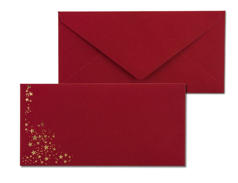 Weihnachts-Briefumschlag rot mit goldenen Sternen, nassklebend, ohne Fenster, DIN lang