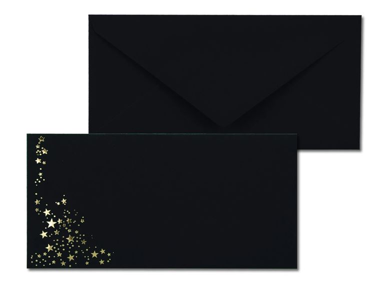 Weihnachts-Briefumschlag schwarz mit goldenen Sternen, nassklebend, ohne Fenster, DIN lang