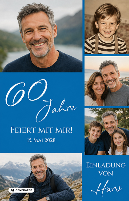 Fotokarte "Zeitreise" als Einladung zum 60. Geburtstag mit persönlicher Fotocollage und eigenem Text in royalblau