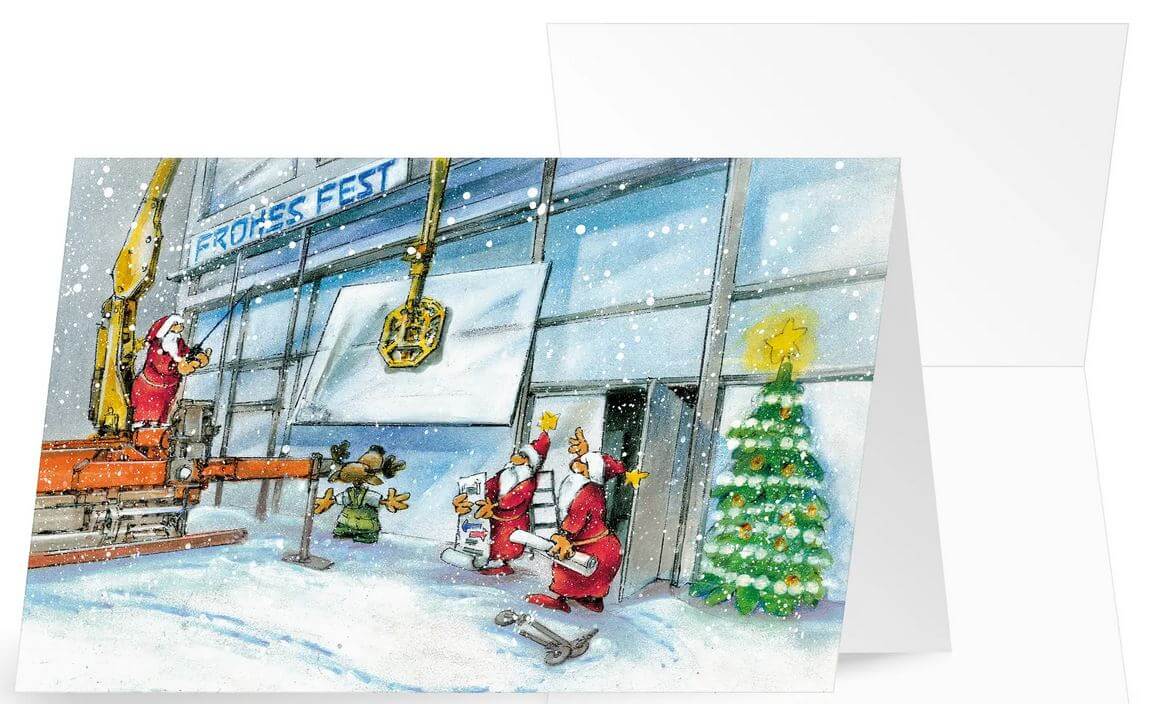 Lustige Weihnachtskarte mit handgemalter Grafik für Glaserei, Glasbau und Fensterfirmen