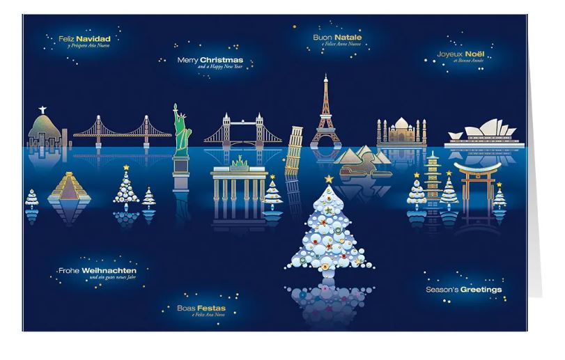 Spendenkarte "Global Greetings" mit berühmten Sehenswürdigkeiten aus aller Welt und Gutem Zweck: Ärzte ohne Grenzen
