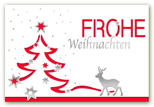 Weihnachtskarte in weiss mit rotem Falteinleger, Baumstanzung und Gruß "Frohe Weihnachten"
