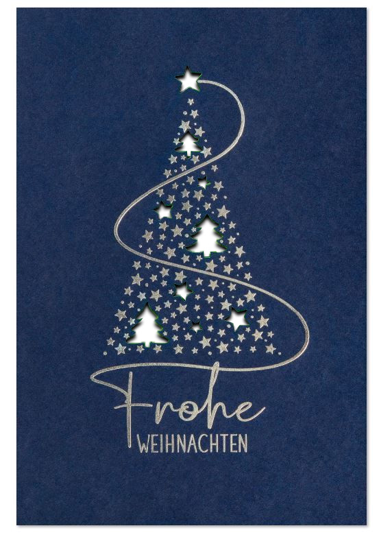 Blaue Weihnachtskarte mit Silberprägung und Stanzung sowie gutem Zweck: Kinderkrebshilfe, Einleger weiß