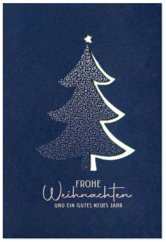 Blaue Weihnachtskarte "Tannenglück" mit Silberfolienprägung und Laserstanzung, Einleger weiß