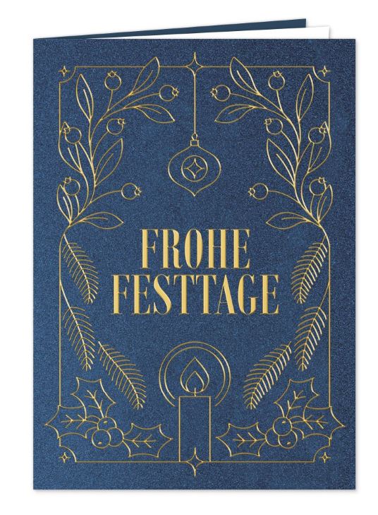 Exklusive Weihnachtskarte „Festlicher Adventsrahmen“ in Dunkelblau mit Folienprägung in gold, inkl. Einlegeblatt