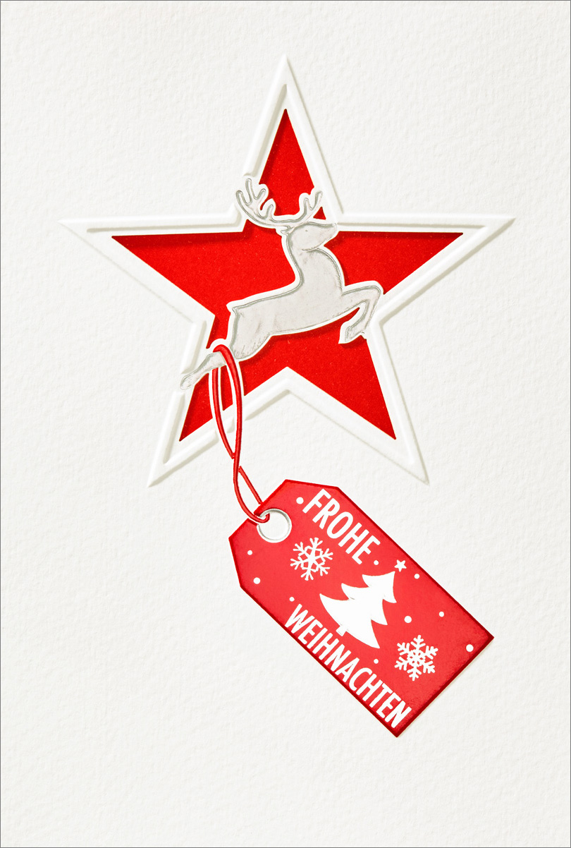Weihnachtskarte creme rot Frohe Weihnachten mit Rentier und Stern