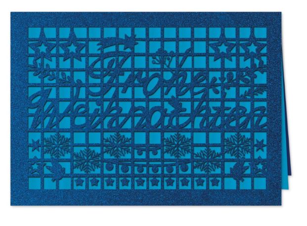Weihnachts-Klappkarte „Filigranes Festtagsgitter“ in Blau-Metallic mit und detailreicher Stanzung und Einleger in blau