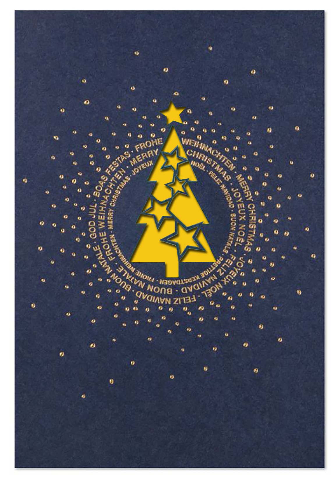 Mehrsprachige Weihnachtskarte in blau mit gestanztem Baum, Sternen und Goldprägung, Einleger gelb
