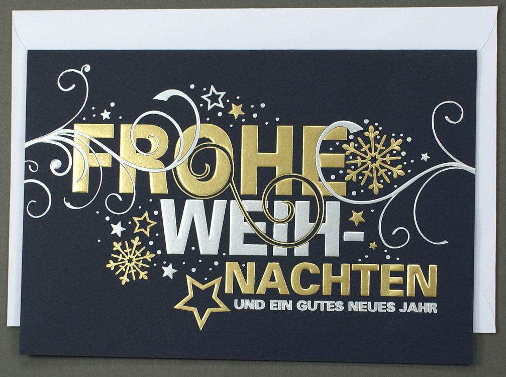 Weihnachtskarte nachtblau mit goldener und silberner Folienpräg.