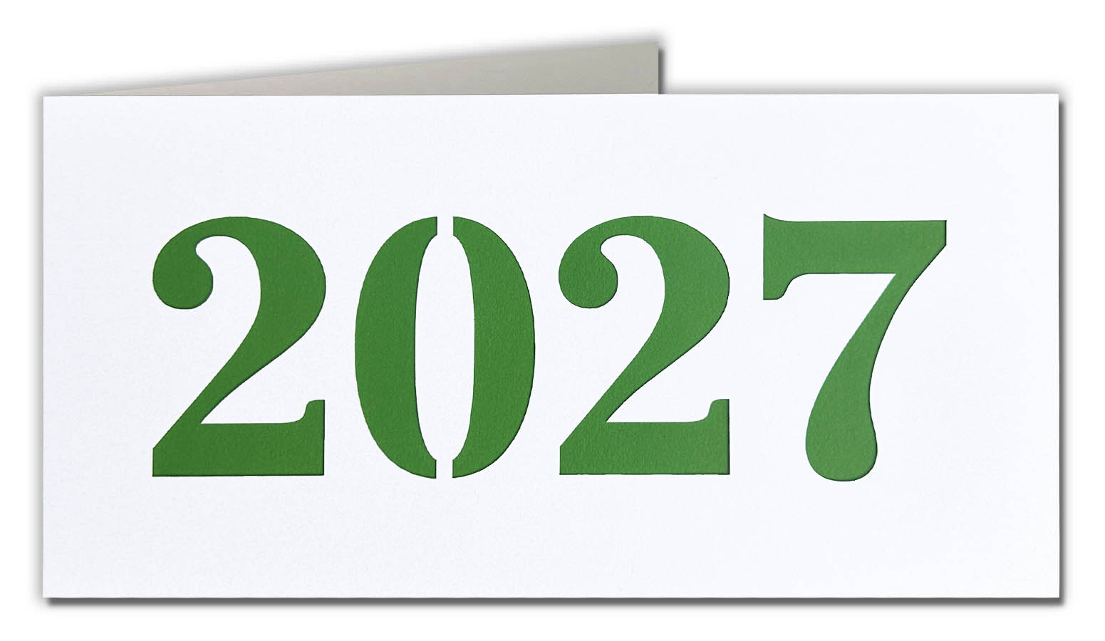 Weiße Metallic-Neujahrskarte mit Laserstanzung 2027 und grünem Einlegeblatt