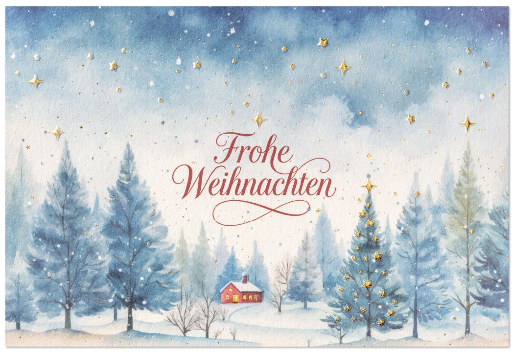 Zauberhafte Weihnachtskarte mit verträumter Winterlandschaft im Aquarell-Stil und Gruß "Frohe Weihnachten"