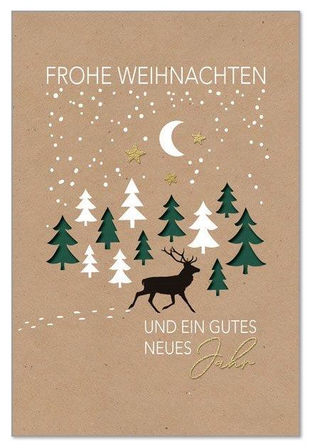 Weihnachtskarte in Kraftpapier-Optik mit Formstanzung Tannenbäume, Goldfoliendruck und Einleger in Dunkelgrün