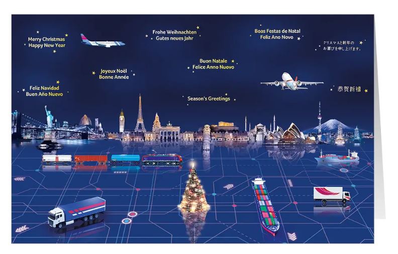 Weihnachtskarte "Weltweites Netzwerk" für Logistik- und Transportunternehmen, Luftfracht, Schienenverkehr, Seefracht