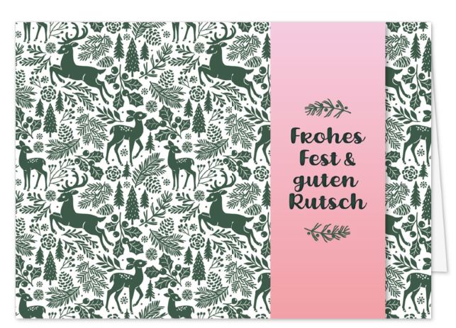 Weihnachtskarte mit Hirschen und floralem Druck sowie Gruß "Frohes Fest & guten Rutsch"