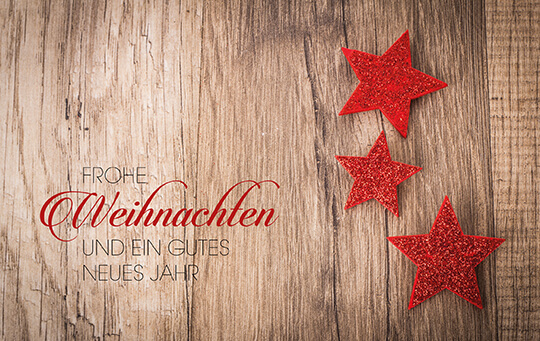 Weihnachtskarte in braun und weiß mit Holzoptik, Weihnachts- und Neujahrsgruß sowie Sternen