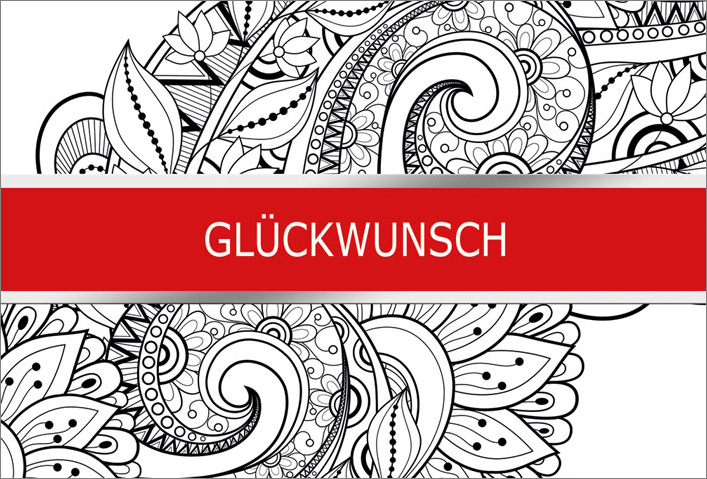 Glückwunschkarte mit schwarz-weißem Muster mit floralen Elementen und roter Banderole