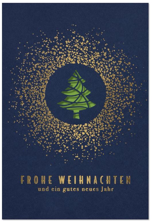 Exclusive Weihnachtskarte in blau mit Laserstanzung und Goldfolienprägung, Einleger hellgrün