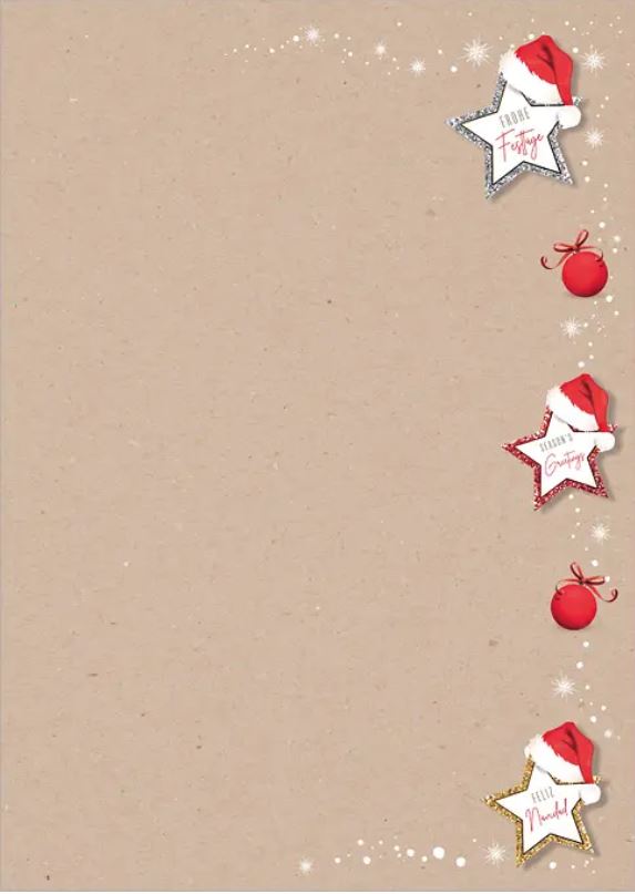 Weihnachtsbriefblätter DIN A4 "Sterne mit roten Weihnachtsmützen" mit internationalen Grüßen