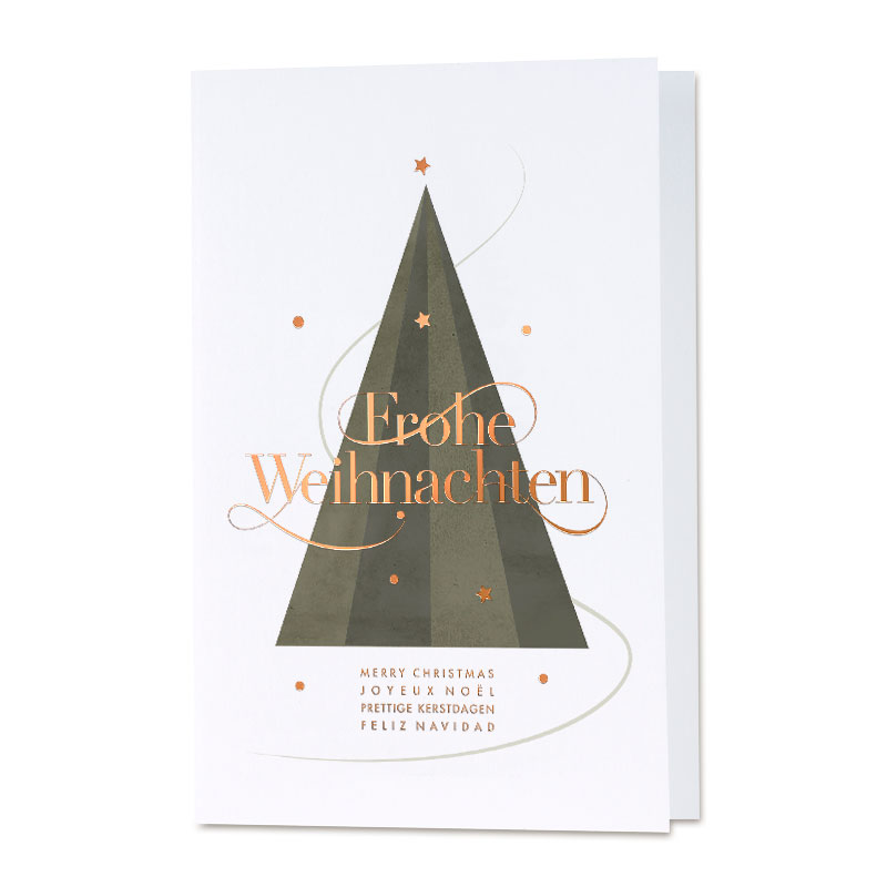 Weiße Weihnachtskarte "Weihnachtszauber" mit Baum in Dreieckform und internationalen Grüßen