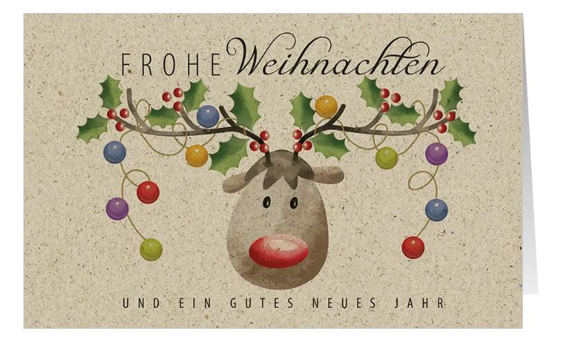 Fröhliche Graspapier-Weihnachtskarte "Leuchtendes Geweih" mit weihnachtlich geschücktem Rentierkopf und Weihnachtsgruß
