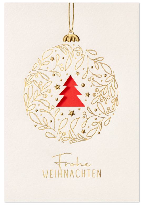 Weiße Weihnachtskarte mit Laserstanzung Baum und Goldfolienprägung von Kugel und Weihnachtsgruß, Einleger rot