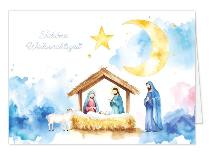 Christliche Weihnachtskarte „Krippe in Betlehem“  im Aquarell-Stil mit Maria, Josef, dem Jesuskind & Hirten