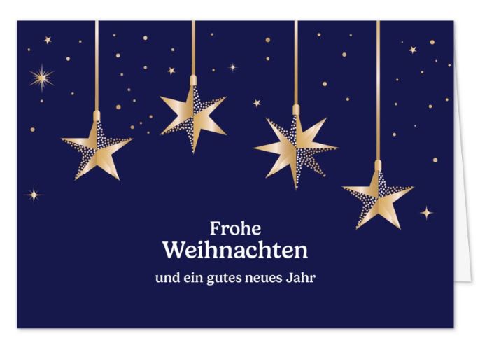 Elegante Weihnachtskarte in dunkelblau mit hängenden Goldsternen in edler Prägung