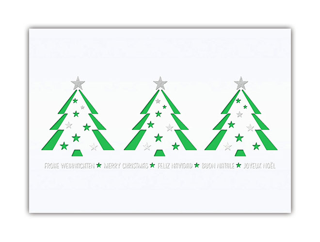 Internationale Weihnachtskarte guter Zweck Deutsche Kinderkrebsstiftung mit grünem Einleger