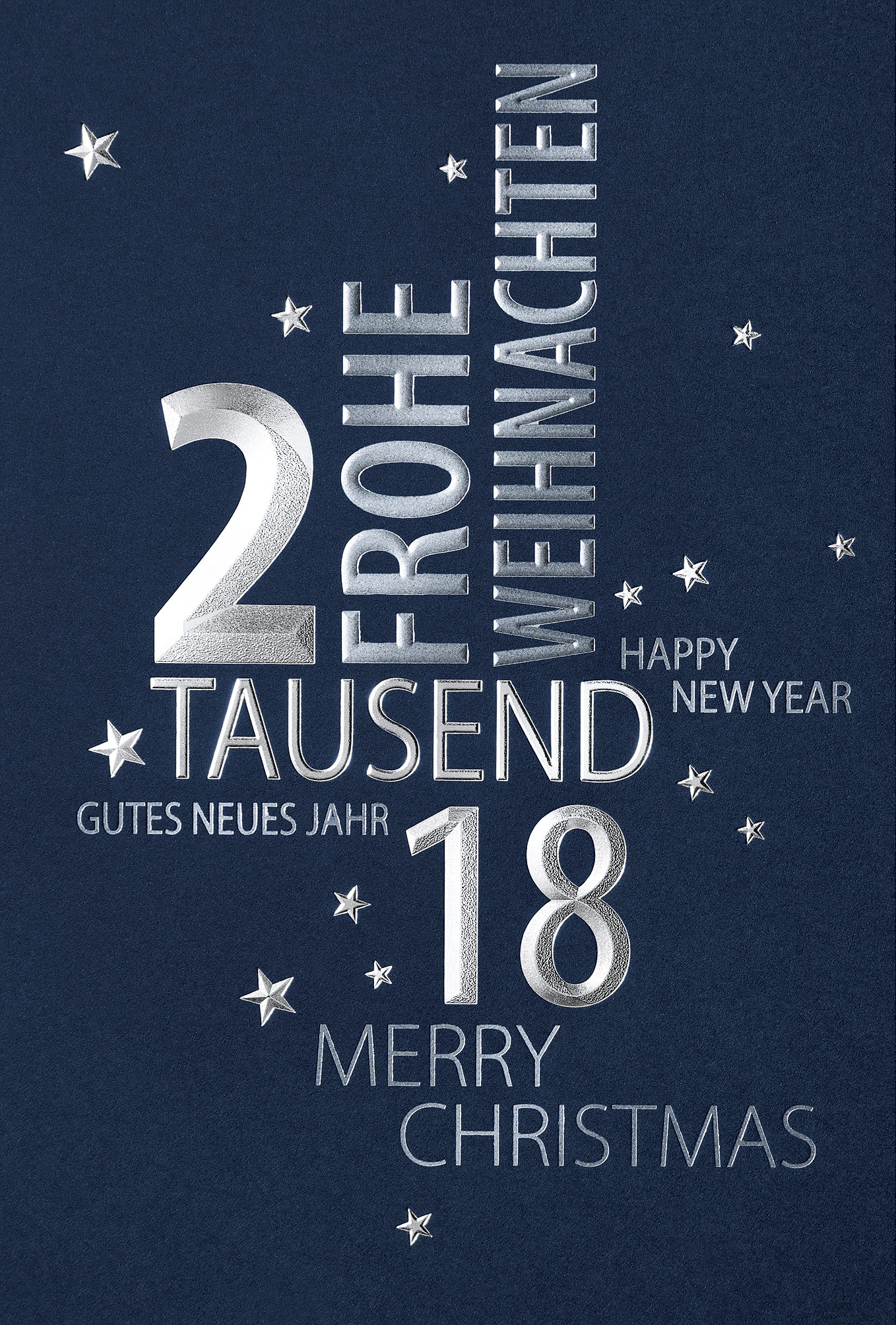 Silberne Weihnachts- und Neujahrsgrüße mit Jahreszahl 2018 auf nachtblauem Karton