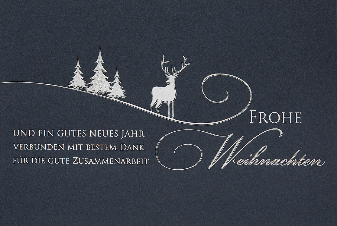 Weihnachtskarte nachtblau mit silberner Folienprägung geschäftl.