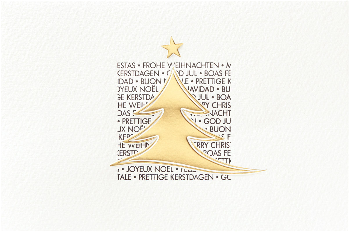 Weihnachtskarte mehrsprachig mit goldenem Weihnachtsbaum und Stern