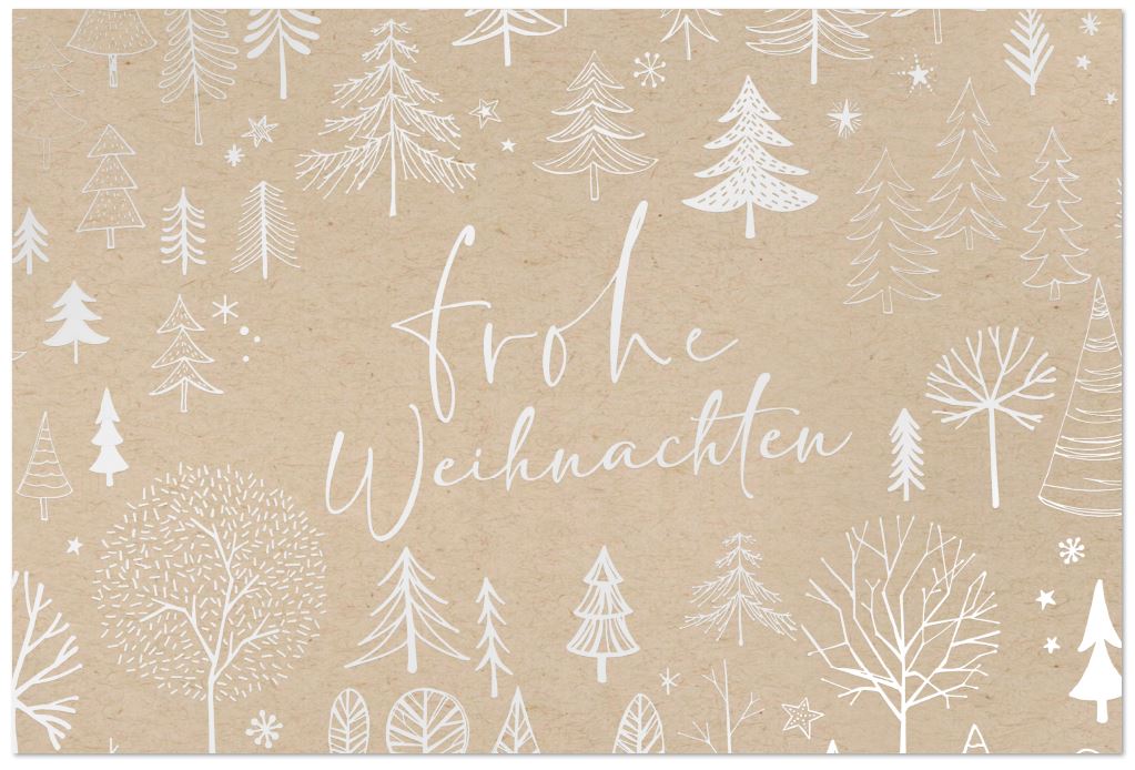Naturbraune Weihnachtskarte mit Weißfolienprägung "Frohe Weihnachten" und verschiedenen Bäumen