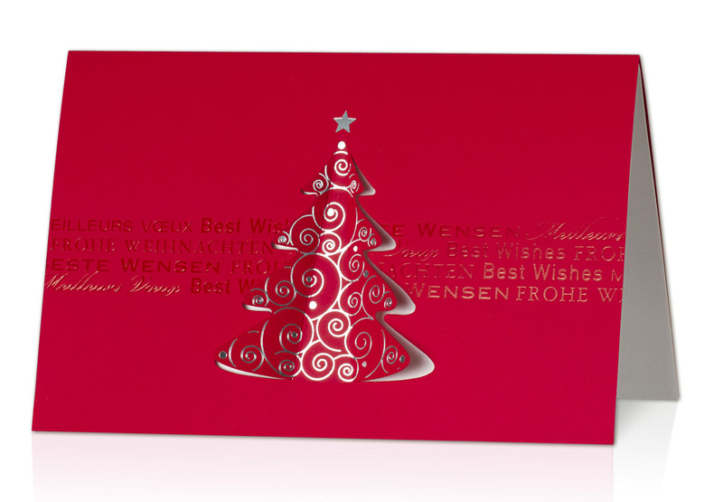 Weihnachtskarte rot mit silbernem Baum mit Konturstanzung
