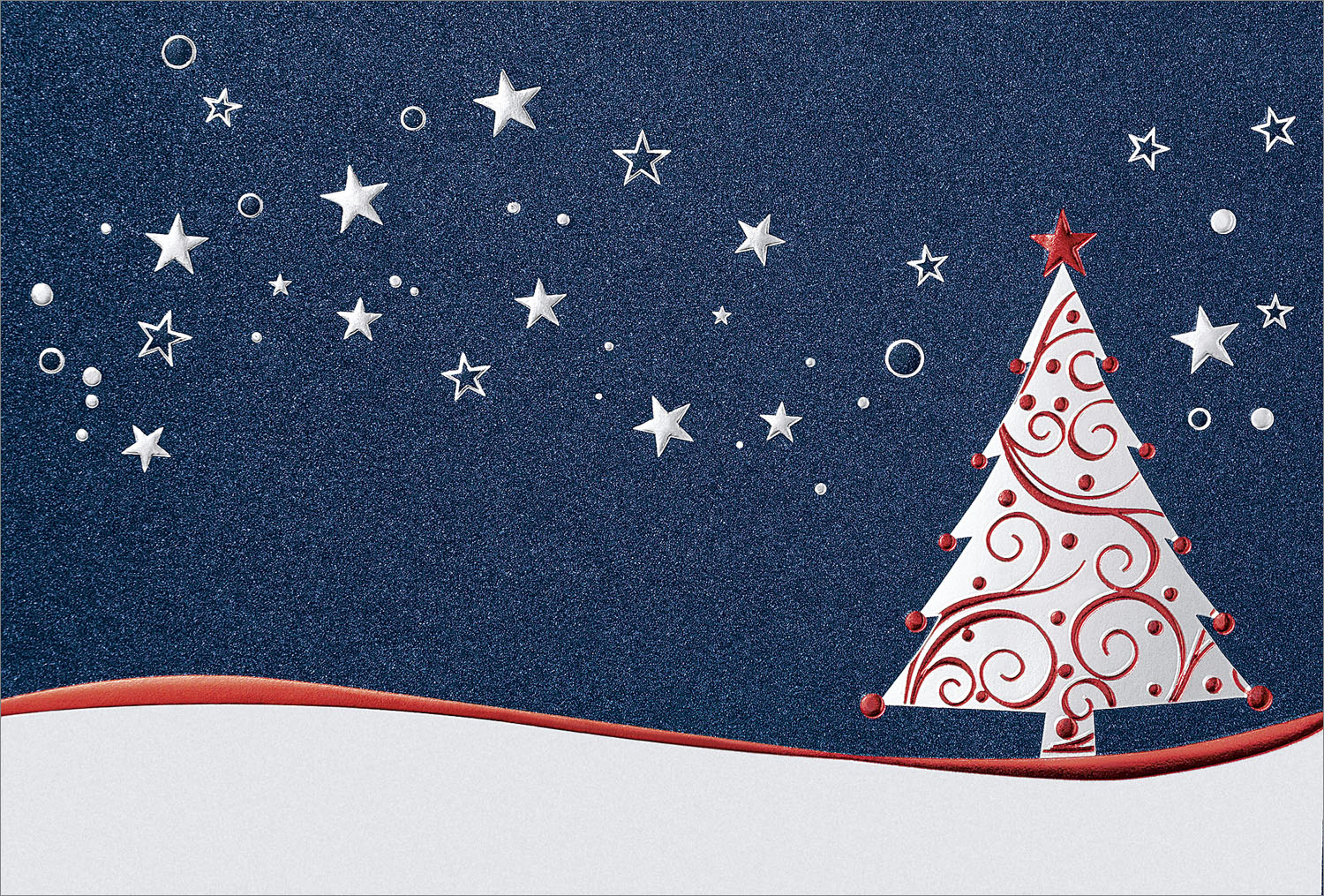Weihnachtskarte nachtblau metallic mit Sternen und Weihnachtsbaum